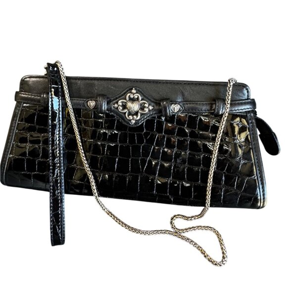 Brighton Black Croc Embossed Leather Clutch Crossbody Purse Silver Heart Medalli - Picture 2 of 6
